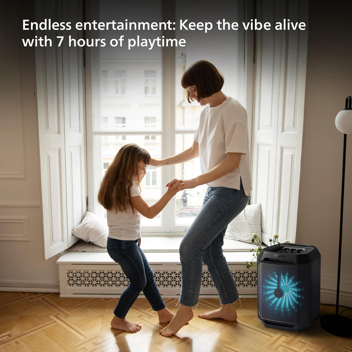 PHILIPS TAX2208 Bluetooth Party Speaker with Free Wired Mic, 8 Speaker System, 30W Max Sound Output, Up to 7H Playtime, Dynamic Bass Boost, Party Light Modes, True Wireless Pairing, Portable (Black) Philips