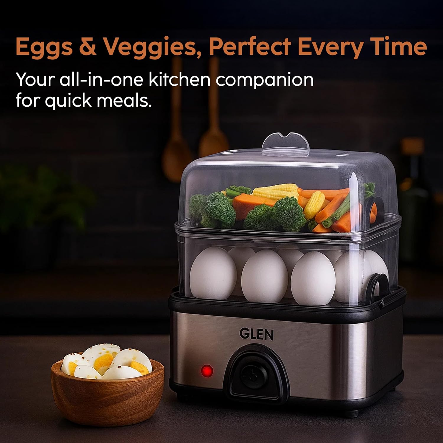 Glen SA3035 MC PLUS 3 in 1 Electric Multi Cooker Steam Egg Boiler with Extra Layer Rack - Steam, Cook & Boil, 350W, 45 Minutes Timer, Boils up to 14 Eggs at a time, boil dry protection with lid (Copy) Mahajan Electronics Online