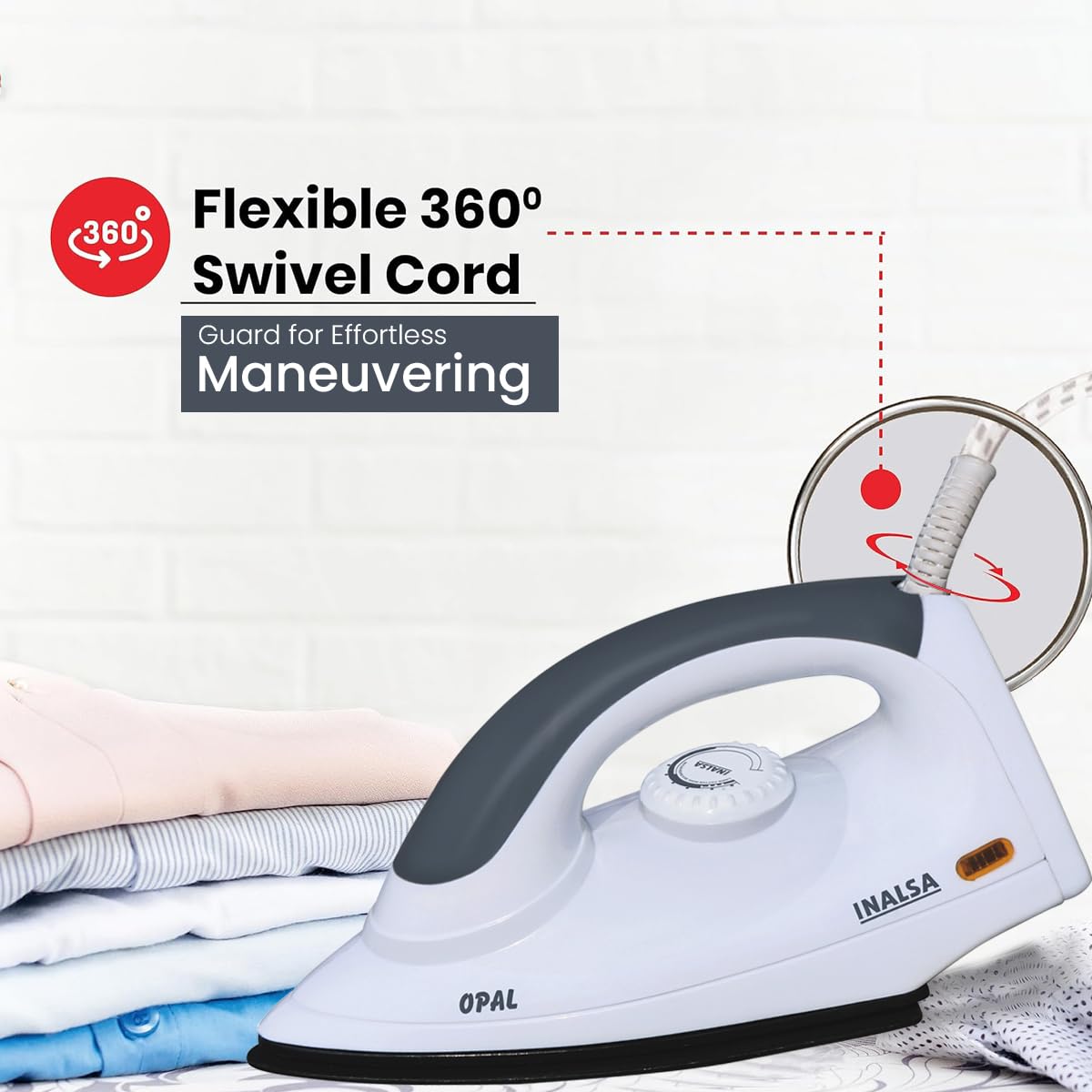 INALSA Electric Opal 1000 Watt Dry Iron For Clothes With Non-Stick Soleplate Coating|Variable Temperature Control|360° Swivel Control|ON/OFF Thermostat Indicator|2 Yr Warranty INALSA
