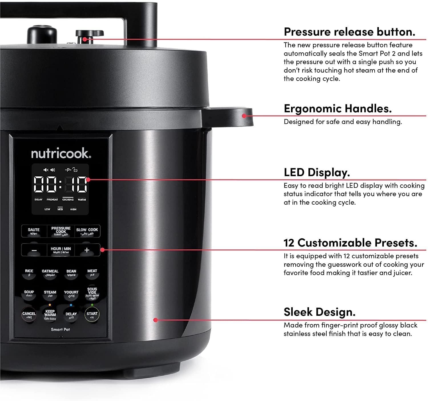 Nutricook SP204K Stainless Steel Smart Pot 2 (6 QT | 6 Litre), 1000W, 9 In 1 Instant Programmable Electric Pressure Cooker, Slow Cooker, Rice Cooker, Steamer, Saute Pot, Warm Food, Smart Lid Nutricook