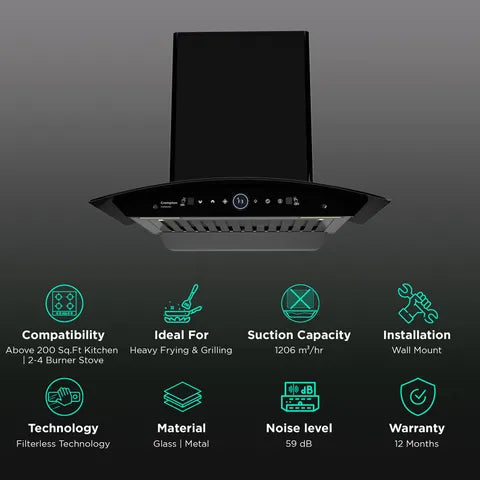 Crompton CHD-IMC60FLE-IND IntelliMotion 60cm 1206m³/hr Ducted Wall Mounted Chimney with Filterless Technology (Black) Mahajan Electronics Online