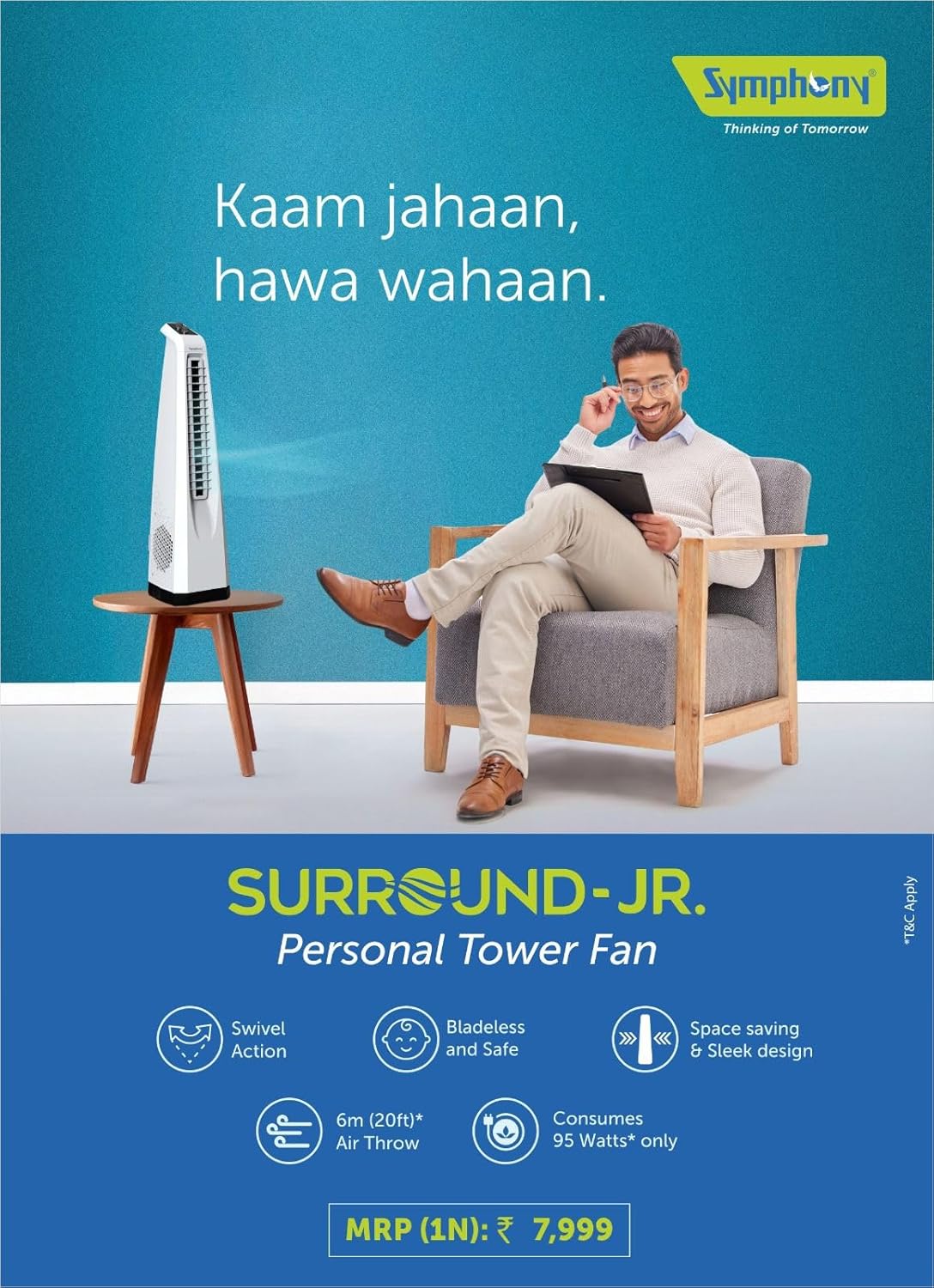 Symphony Surround JR Bladeless Tower Fan for Room | Quiet Personal Fan for Home & Office with 90° Oscillation & Turbo Throw | Knob Control | 1 Year Warranty | White Mahajan Electronics Online