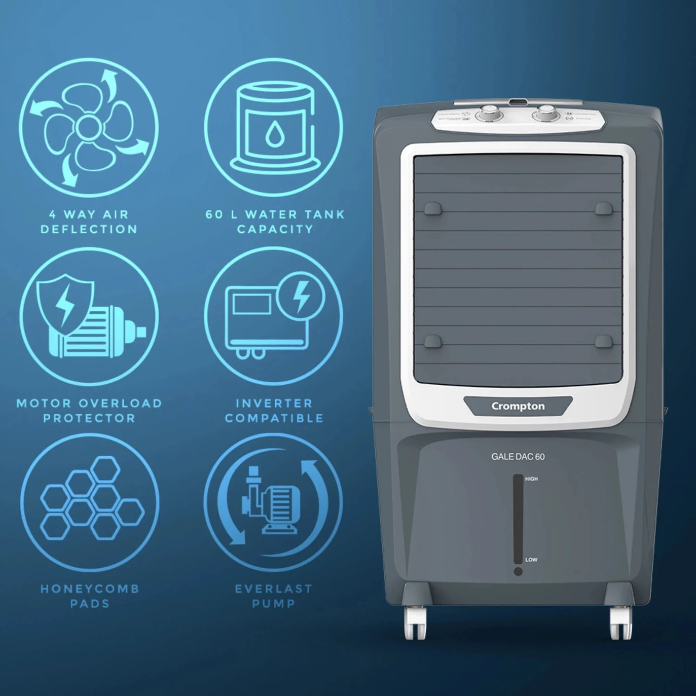 Crompton Gale DAC 60 Desert Air Cooler | 60L Tank | 4000 CMH Air Delivery | Ice Chamber | Everlast Pump | Inverter Compatible | For Rooms up to 470 Sq. Ft Mahajan Electronics Online