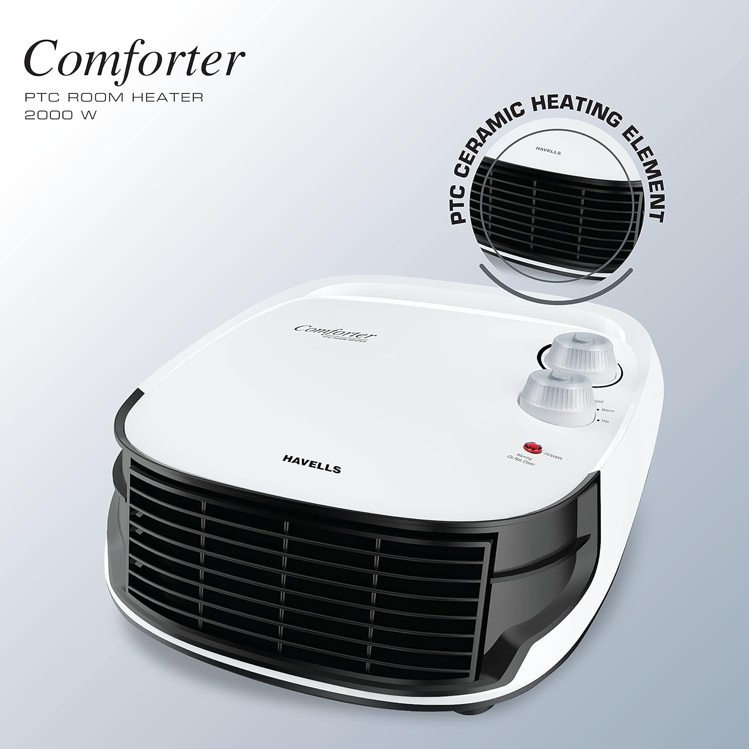Havells Comforter 2000 Watt Room Heater with Overheat Protection| Easy to Carry for Bedroom and Office| Adjustable Thermostat Control Knob & Adjustable Vent for Air Delivery (White and Black) GHRFHAGW200 Mahajan Electronics Online