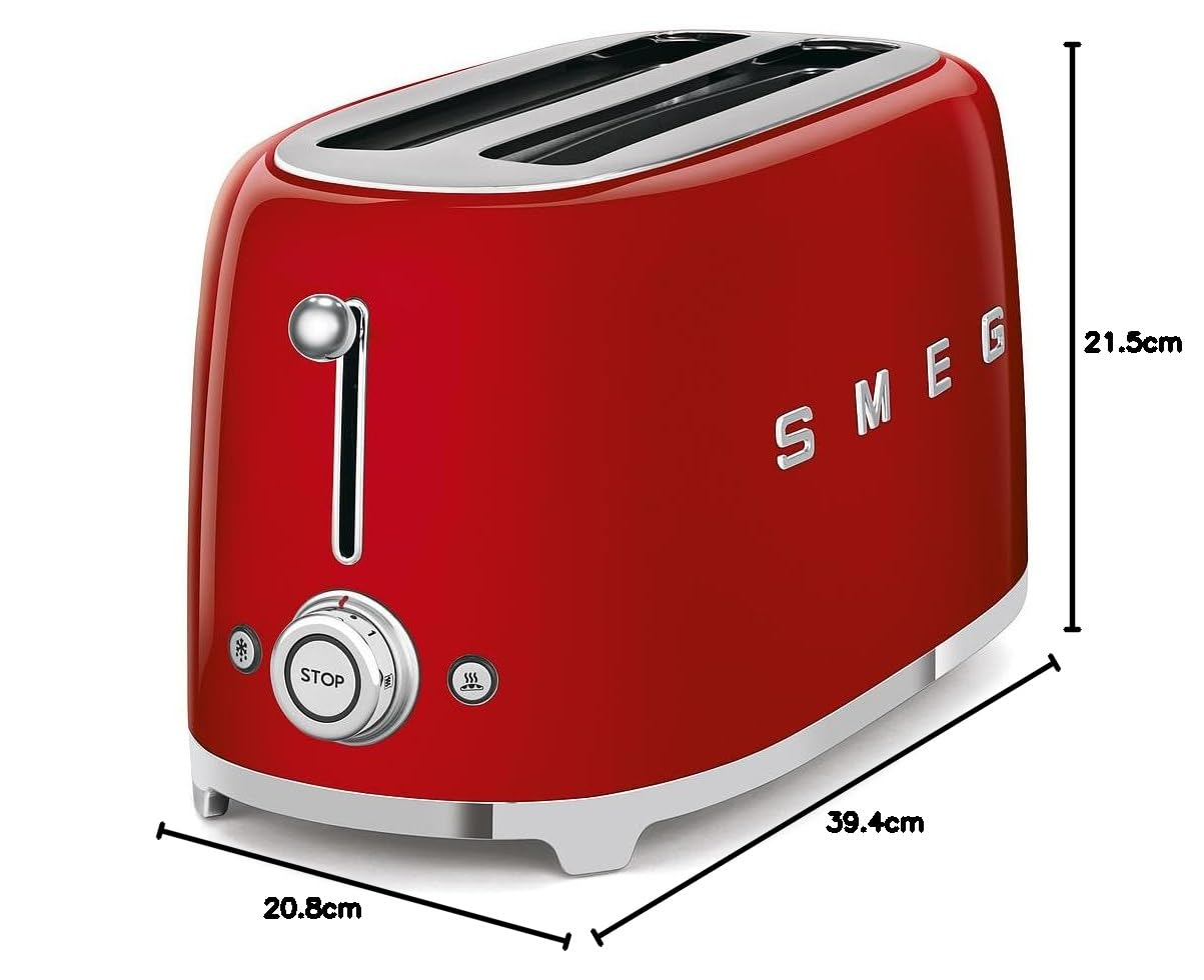 Smeg TSF02RDEU  Toaster, 2 Extra Wide Slot  Original Italian Brand, Auto Center for Even Browning, Smart Crumb Tray Drawer, Multi-Use: Defrost, Reheat & Bagel, 6 Toast Levels, 1500W, Red Mahajan Electronics Online