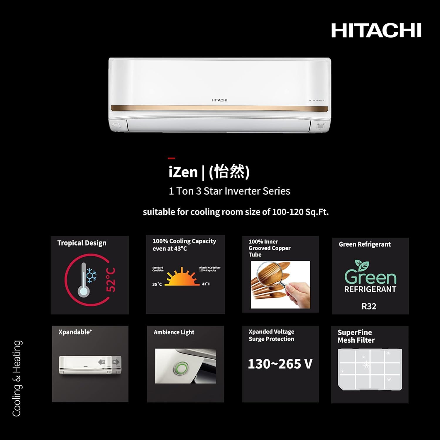 Hitachi RAS.G312PCBISS 1 Ton 3 Star ice Clean Xpandable Plus Inverter Split AC (100% Copper, 4 Way Swing, Dust Filter, iZen 3400SXL, R32, Dual Gold) Hitachi