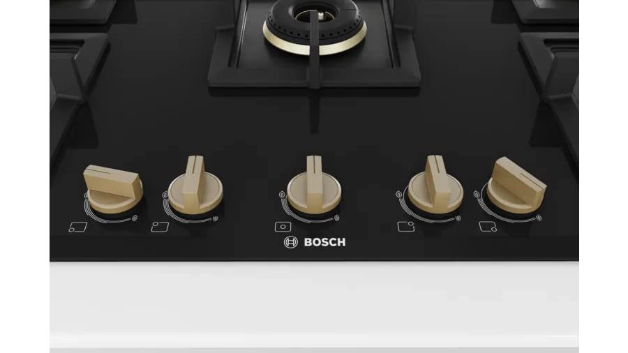 Bosch PNV9B6F20I Built in Gas Hob Black Tempered glass Glass 5 Burner Auto Ignition 90 cm True Brass 2D Ring Burners with Matt Black Heat Shields & Cast Iron pan supports - Mahajan Electronics Online