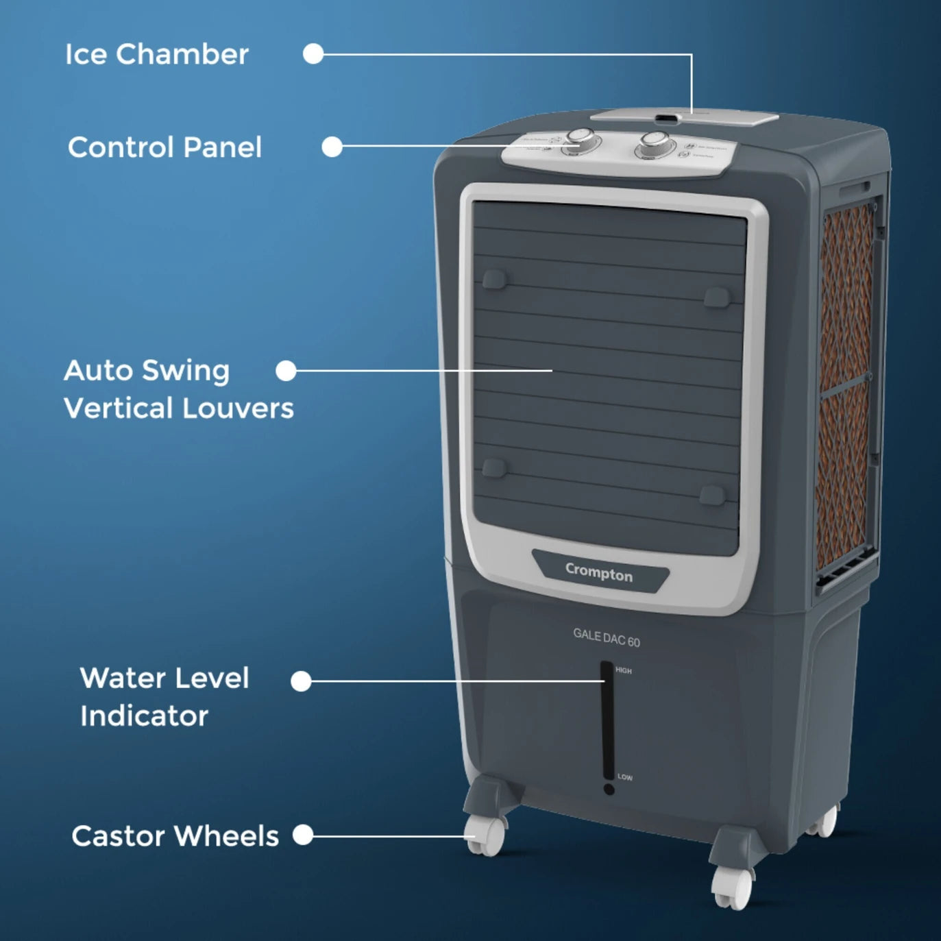 Crompton Gale DAC 60 Desert Air Cooler | 60L Tank | 4000 CMH Air Delivery | Ice Chamber | Everlast Pump | Inverter Compatible | For Rooms up to 470 Sq. Ft Mahajan Electronics Online