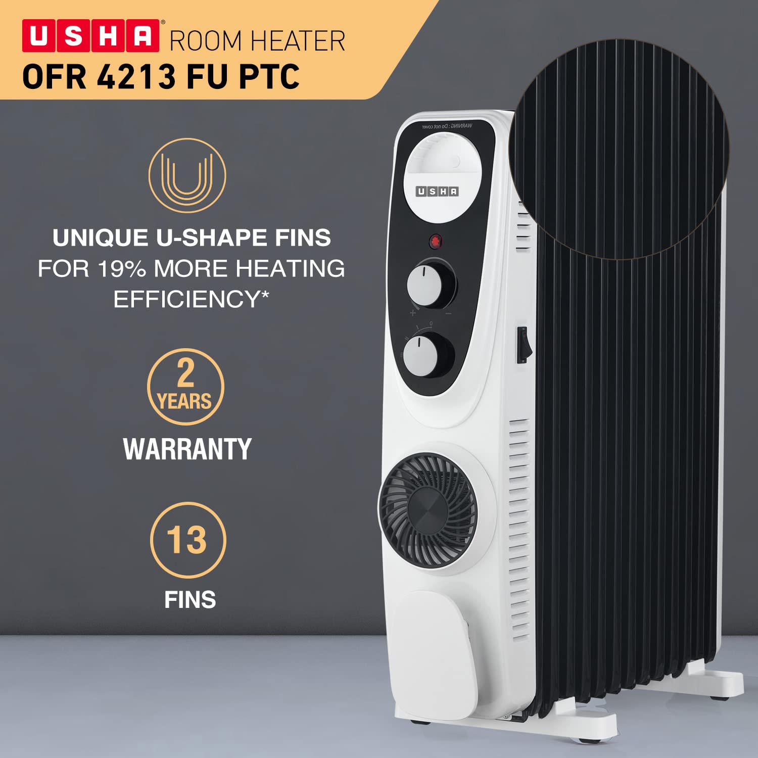 Usha 4213 FU PTC U Shaped 13 Fin Oil Filled Radiator Room Heater (Black) - Mahajan Electronics  Online