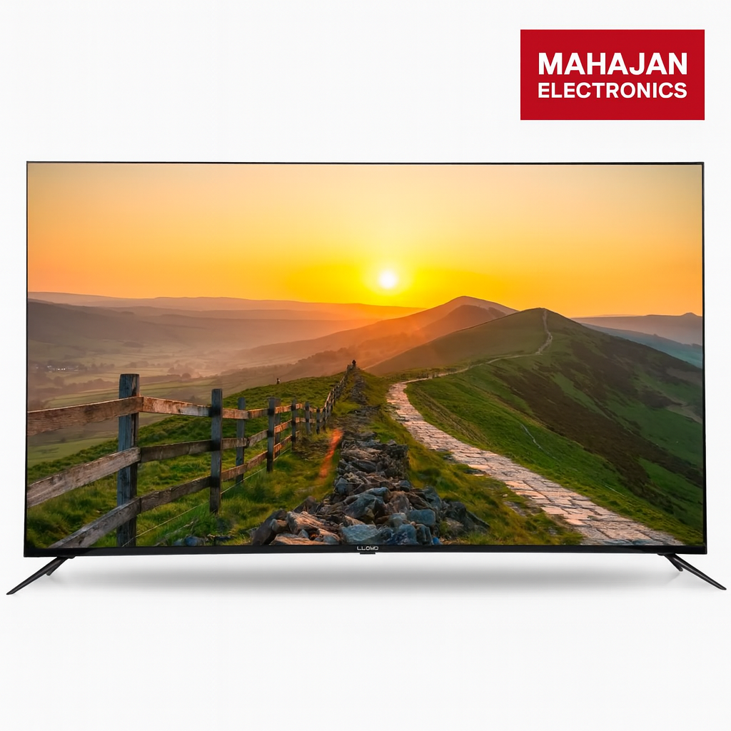 TV displaying a scenic sunset over rolling hills with 'MAHAJAN ELECTRONICS' logo above.