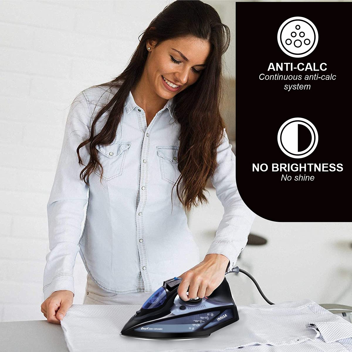 Inalsa Steam Iron Onyx 2200 Watt, Quick Heat Up with up to 30 g/min steam, 100 g steam Boost, Water Spray, Scratch Resistant Ceramic Soleplate, Vertical steam, Anti Drip & Anti Calc Functions. INALSA