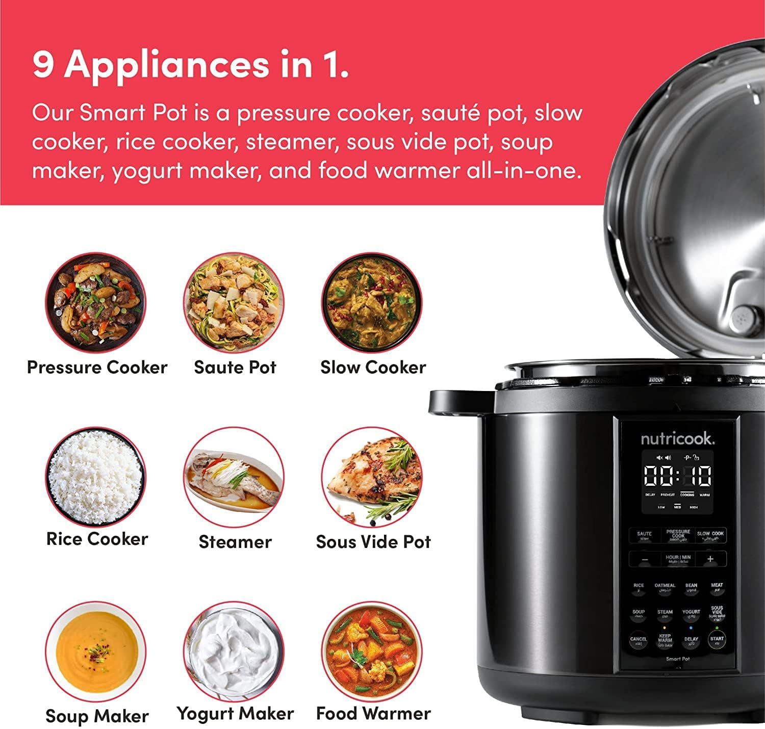 Nutricook SP204K Stainless Steel Smart Pot 2 (6 QT | 6 Litre), 1000W, 9 In 1 Instant Programmable Electric Pressure Cooker, Slow Cooker, Rice Cooker, Steamer, Saute Pot, Warm Food, Smart Lid Nutricook