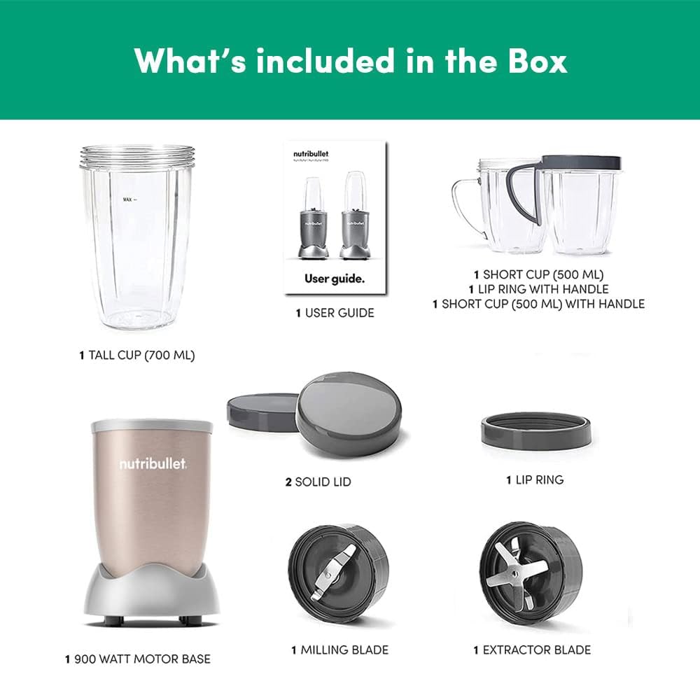 Nutribullet Pro 900W Champagne Gold, 12 Pcs Set, Mixer / Grinder / Smoothie Maker, "The Original ", Food Processor, Best Blender, 3 Unbreakable Jars, 2 Blade Set (Wet & Dry) - 900 Watts Mahajan Electronics Online