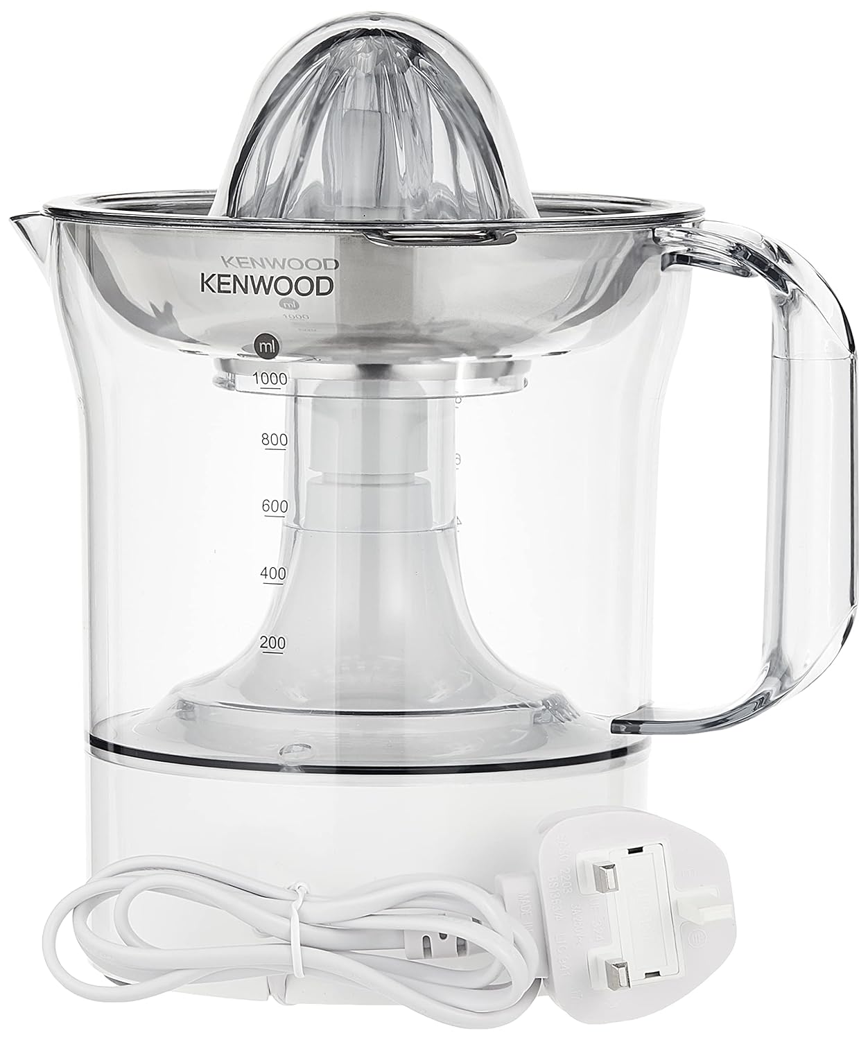 Kenwood JE290A Electric Citrus Juicer, 1 Litre Capacity, 40 Watts, Automatic Juice Extractor for Citrus Fruits, Stainless Steel Filter, 2 Way Rotation, Portable Fruit Squeezer, Transparent Jar, White Mahajan Electronics Online