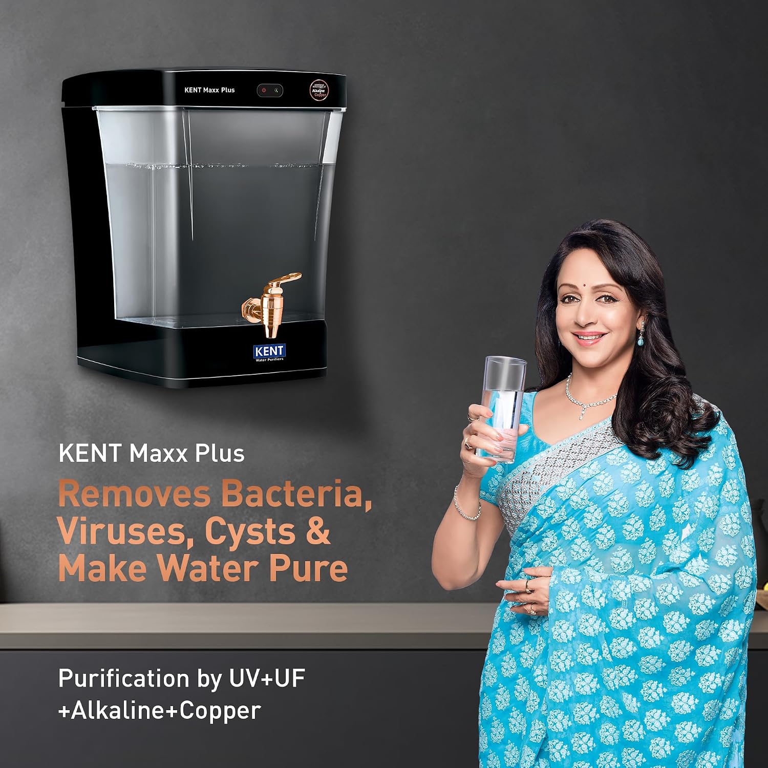 KENT Maxx Plus B UV Water Purifier | UV+UF+Alk+Cu | 7L Transparent Detachable Tank | With Benefits of Alkaline&Copper | Fully Automatic Operation | UV Fail Alarm | Wall Mountable | 60 L/hr Output |Black Kent