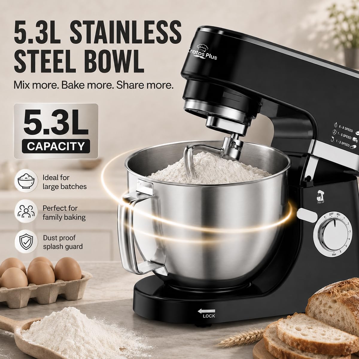 INALSA Stand Mixer 1200W|Pure Copper Motor|5.3L SS Bowl With Splash Guard|Metal Gears for Extra – Mahajan Electronics Online.