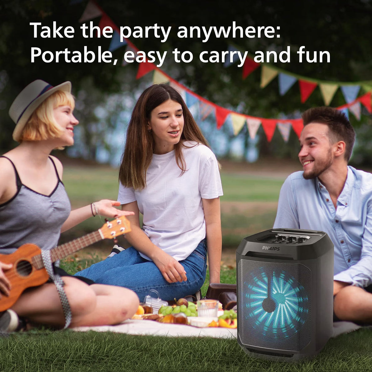 PHILIPS TAX2208 Bluetooth Party Speaker with Free Wired Mic, 8 Speaker System, 30W Max Sound Output, Up to 7H Playtime, Dynamic Bass Boost, Party Light Modes, True Wireless Pairing, Portable (Black) Philips