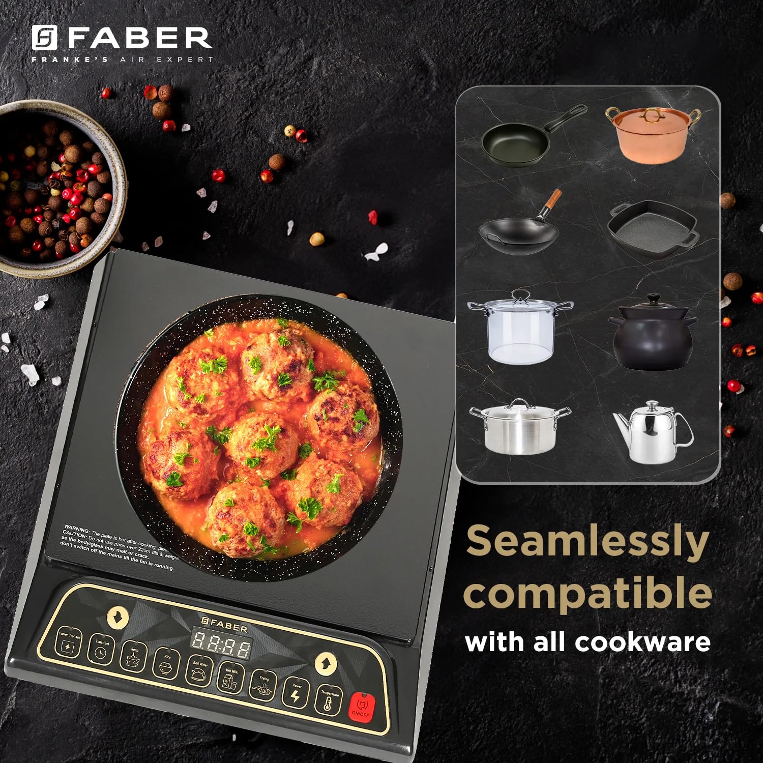 Faber Zion 1600W Induction Stove | 5 Auto-Cook Functions, Auto Pan Detection, Preset Timer, Overheat Protection | Shock-Proof Body, Black Crystal Glass, Soft-Touch Control, LED Display | (Black) Mahajan Electronics Online