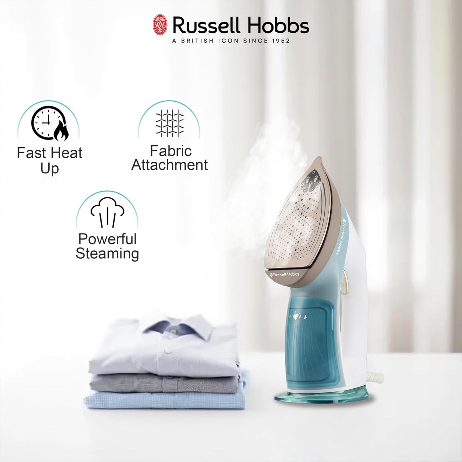 Russell Hobbs 1960W Handheld Garment Steamer RGS1960HANDY | Constant Powerful Steam Flow Vertical & Horizontal Steaming | Kills 99.9%* Bacteria, Eco & Boost Modes, Fast heat up | 2 Years Warranty Mahajan Electronics Online