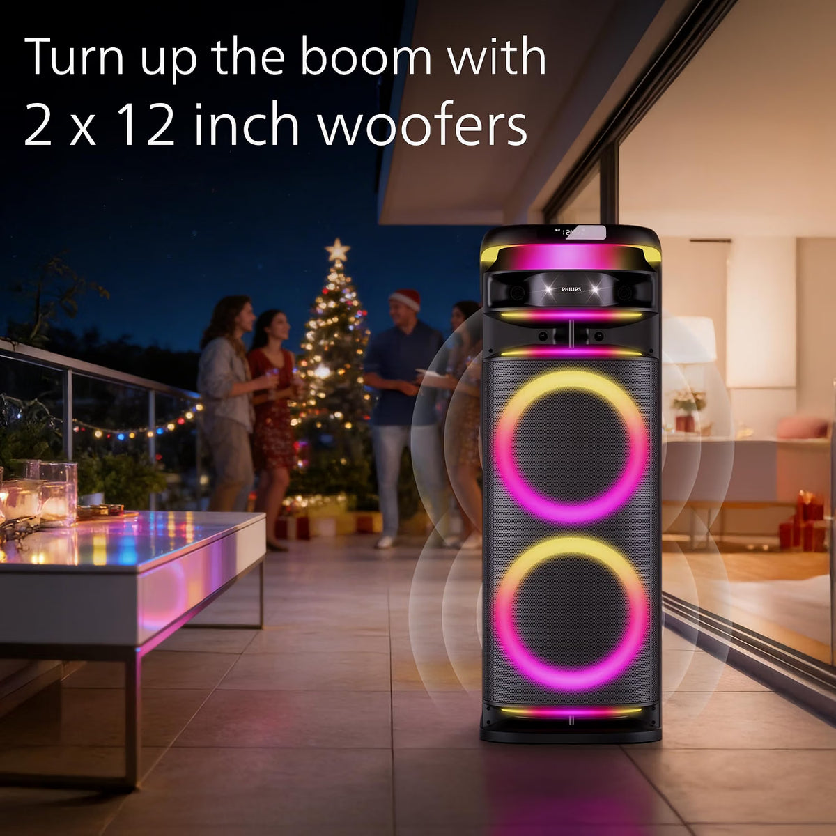 PHILIPS TAX5004 500W Bluetooth Party Speaker with 2 Free Wireless Mic, Powerful Sound, Deep Bass, RGB Lights, LED Display, Portable Loudspeaker with USB, AUX, DJ Party Effects for House Party Philips