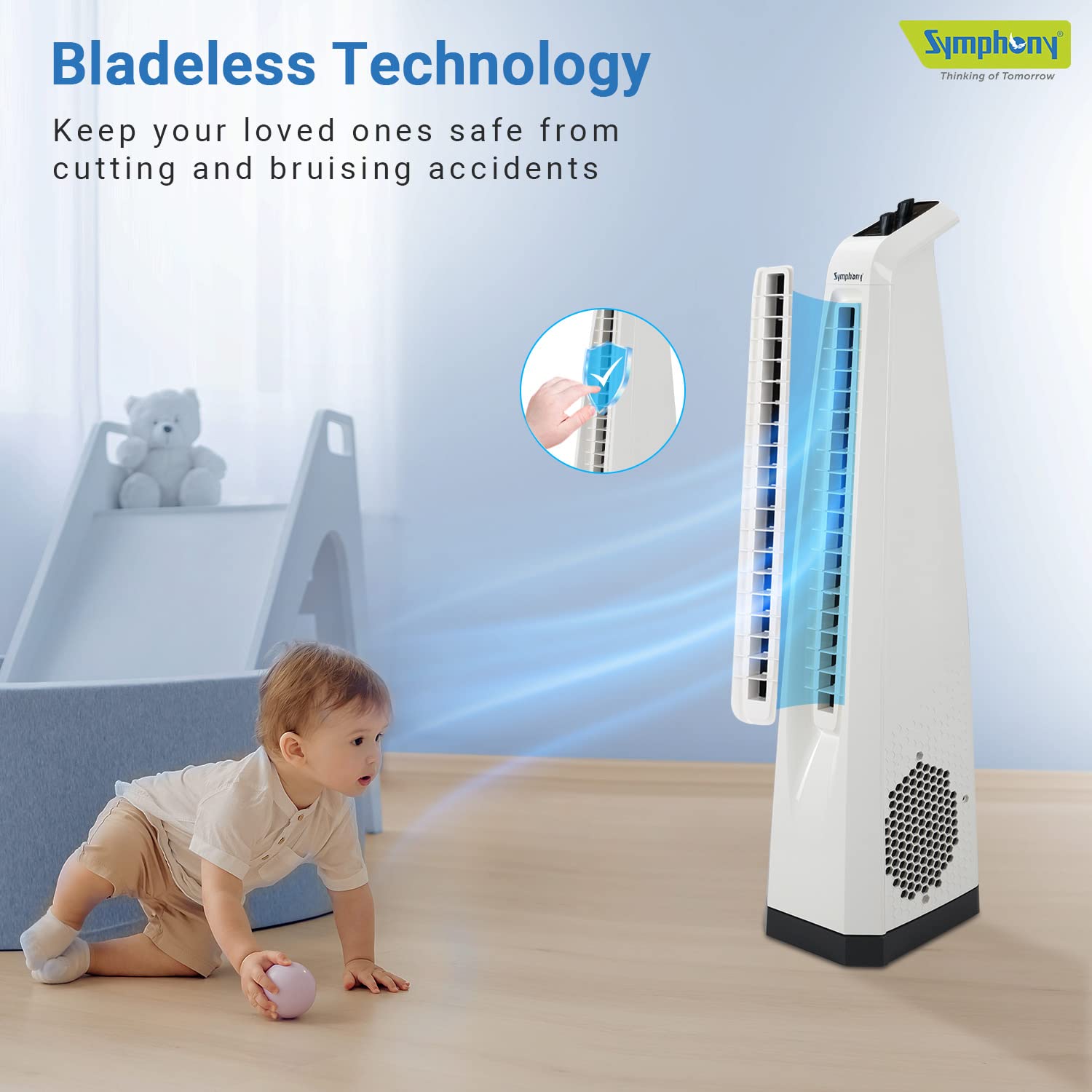 Symphony Surround Bladeless Tower Fan for Room & Office | High-Speed with Swivel Action & Simple Knob Control | Low Power Consumption | 1 Year Warranty | White Mahajan Electronics Online