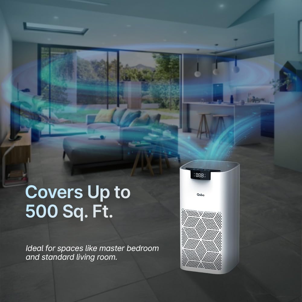 Qubo Smart Air Purifier Q500 for Home by Hero Group | 500 Sqft | 99.99% Allergen Removal | HEPA H13 | 9000 Hrs Filter Life | App & Voice Control | Energy Saving | Ultra-Quiet BLDC Motor (White) Mahajan Electronics Online