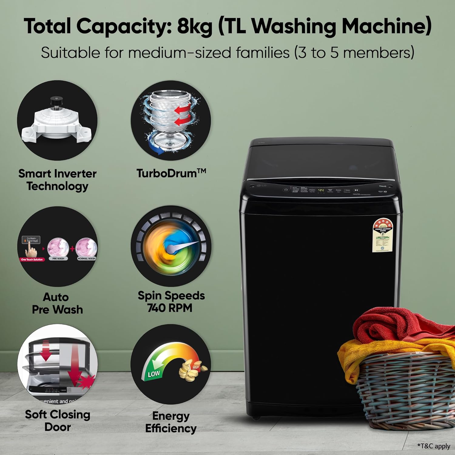 LG T80V4OB1S 8 Kg, 5 Star, Smart Inverter Technology, Wi-Fi, Turbowash, Fully Automatic Top Load Washing Machine With In-built heater ( Turbodrum, Stain Clean, Hard Water Wash & Jetspray+, Onyx Black) Mahajan Electronics Online