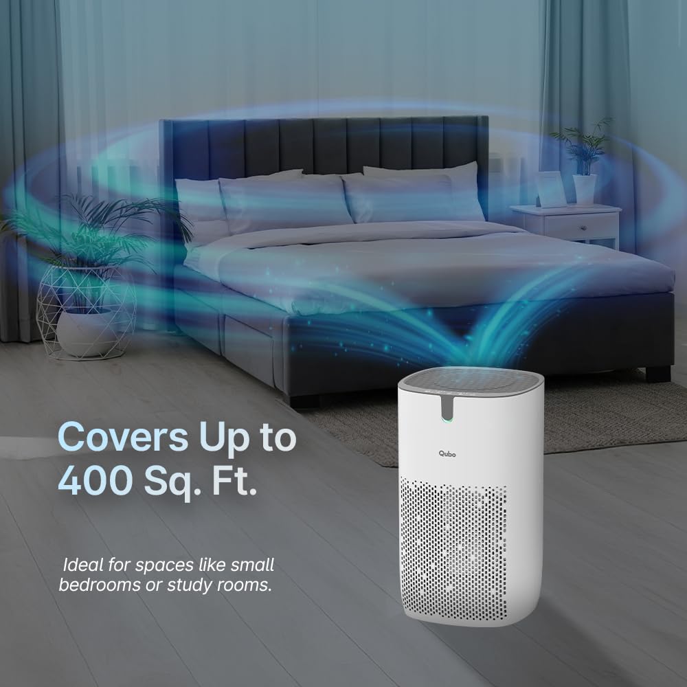 Qubo Smart Air Purifier Q400 for Home by Hero Group | 400 Sqft | 99.99% Allergen Removal | HEPA H13 | 9000 Hrs Filter Life | App & Voice Control | Energy Saving | Ultra-Quiet BLDC Motor (White) Mahajan Electronics Online
