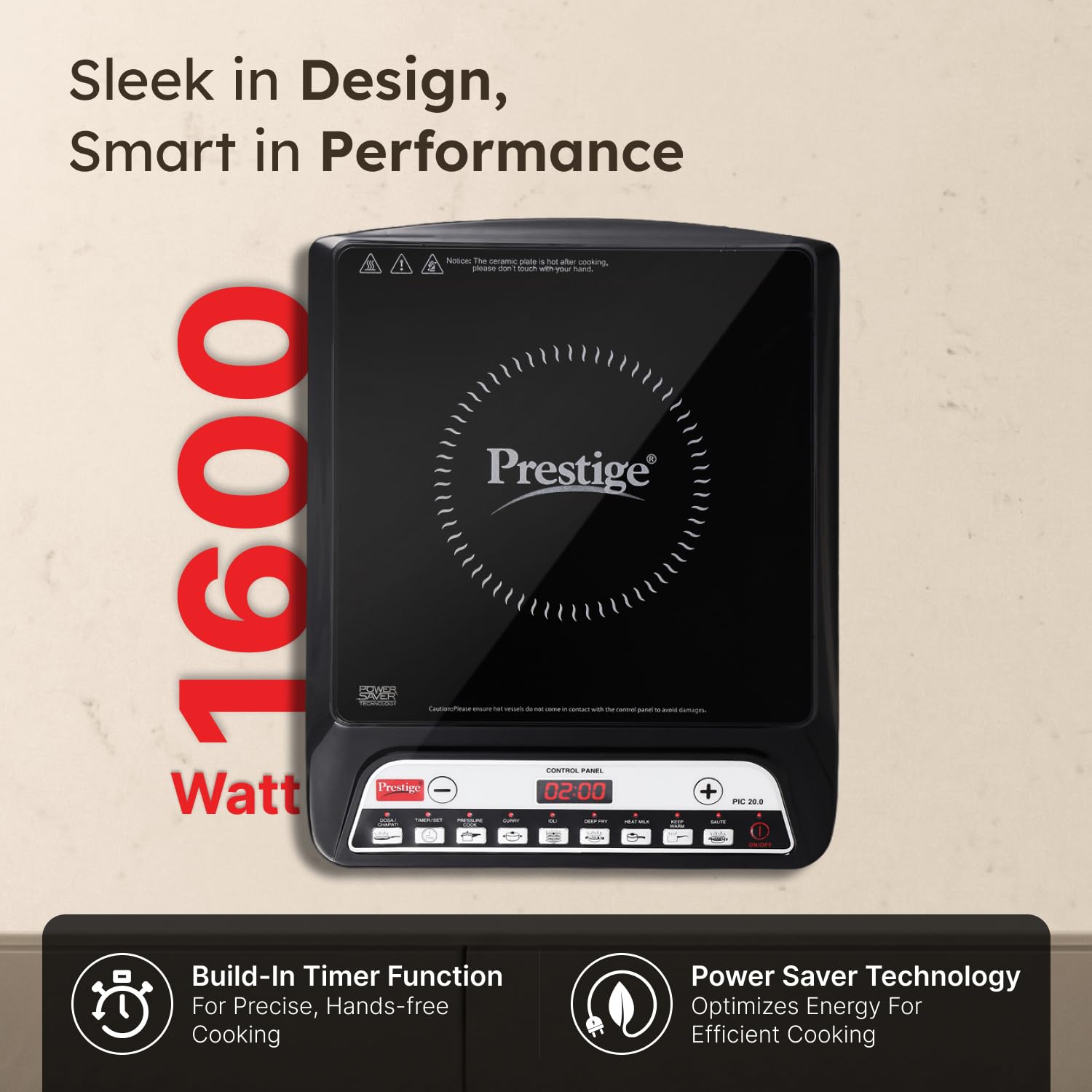 Prestige PIC 20 1600 Watts Induction Cooktop | 4KV Surge Protection | 8 Preset Indian Menu Options & Timer | Soft Touch Button | Easy to Clean | Portable | Black | 1Y Warranty | BIS Mahajan Electronics Online