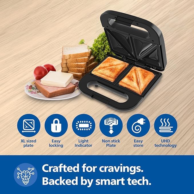 Philips HD1000/00 XL Sandwich Maker | 800W | Non-Stick Coated Plates | UHD Technology | Easy Locking | Black with Metallic Finish Mahajan Electronics Online