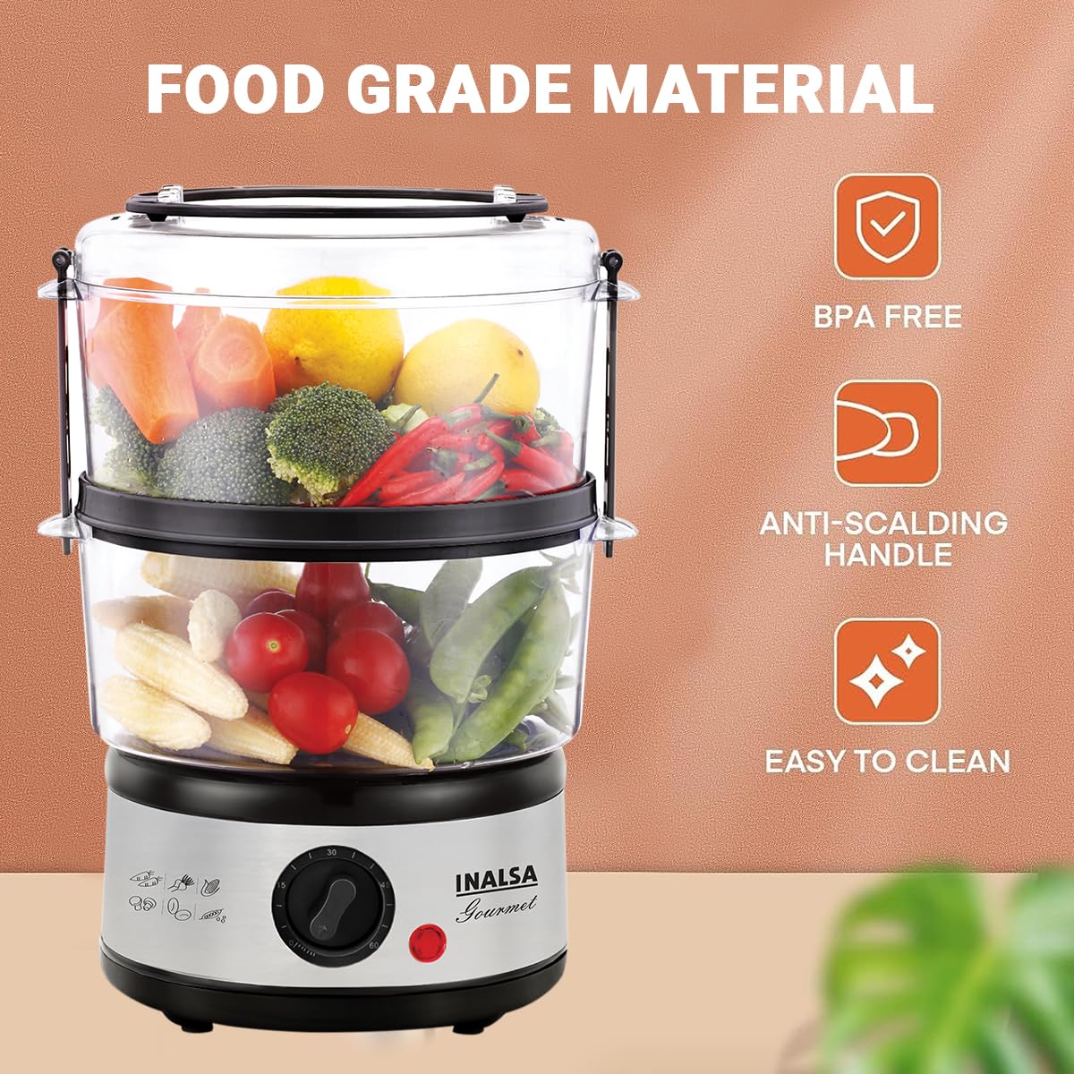 Inalsa 5L Gourmet Multi-Function 500W-Food Steamer & Egg Boiler with LED Indicator,BPA-Free 2 Tier Stackable Baskets,Stainless Steel Base,Fits 14 Eggs in One Go (Black/Silver) INALSA