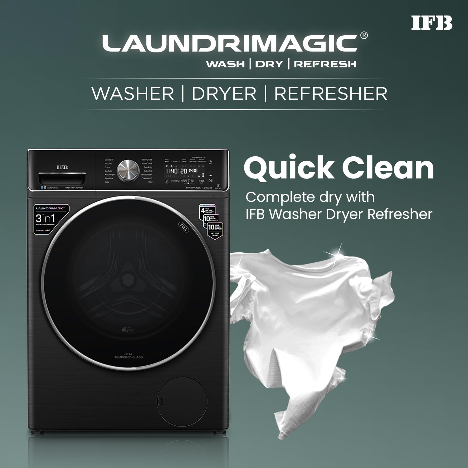 IFB WDR Executive Plus ZBG 11/7/3 kg Fully Automatic Washer Dryer Refresher with Steam Refresh, AI DOS, 100% Dry Clothes, 9 Swirl Wash Mimic Handwashing, WiFi & Eco Inverter Motor ( Black) Mahajan Electronics Online
