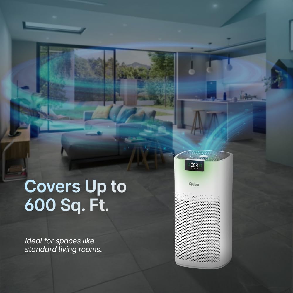 Qubo Smart Air Purifier Q600 for Home by Hero Group | 600 Sqft | 99.99% Allergen Removal | HEPA H13 | 15000 Hrs Filter Life | App & Voice Control | Energy Saving | Ultra-Quiet BLDC Motor (White) Mahajan Electronics Online