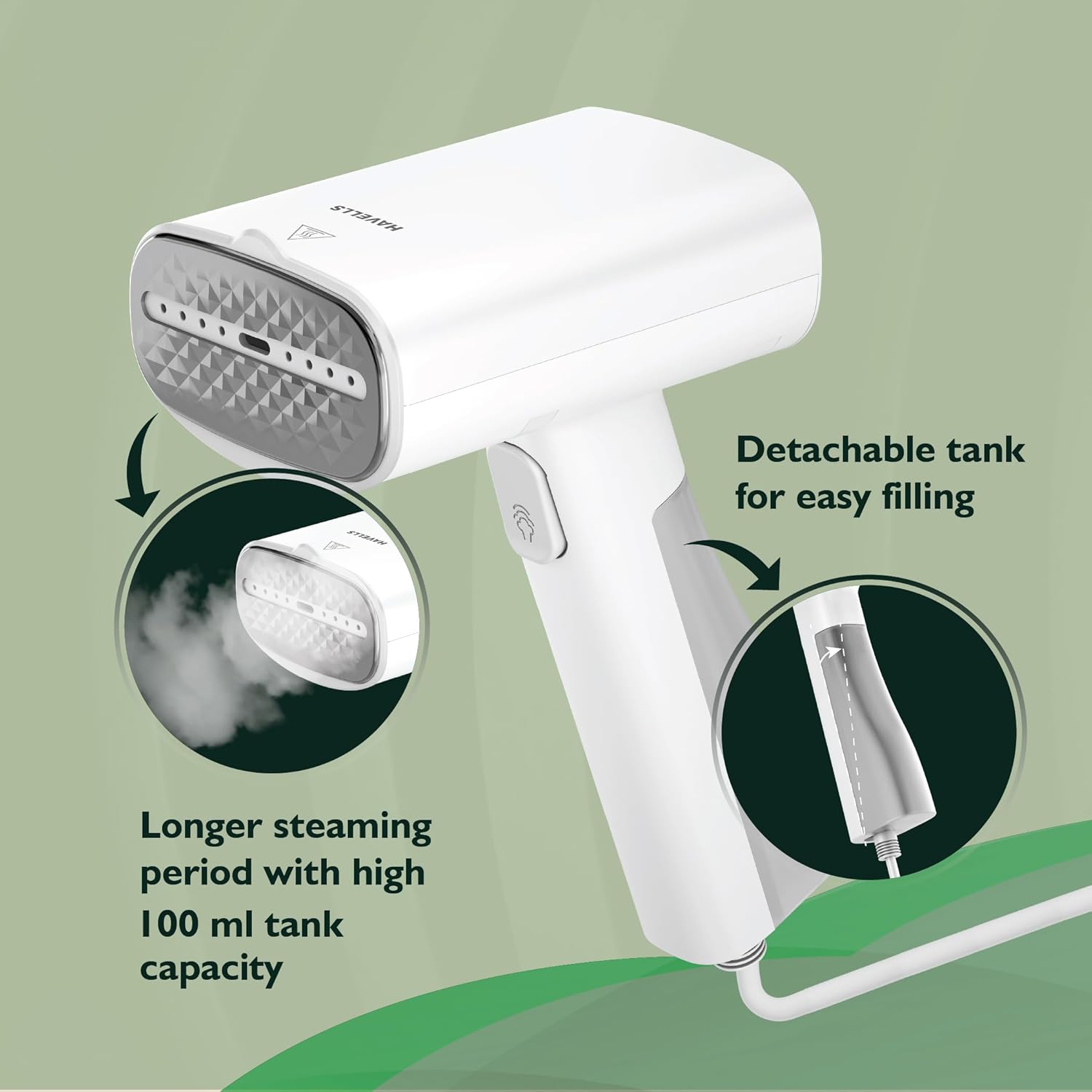 HAVELLS Vela Handheld Garment Steamer for Clothes | 1100 Watt | 360° Steaming | Anti-Spill Technology | Quick Steam Ready |100ml Detachable Tank | Upto 22g/min Steaming Rate | 2 Year Warranty | White Mahajan Electronics Online