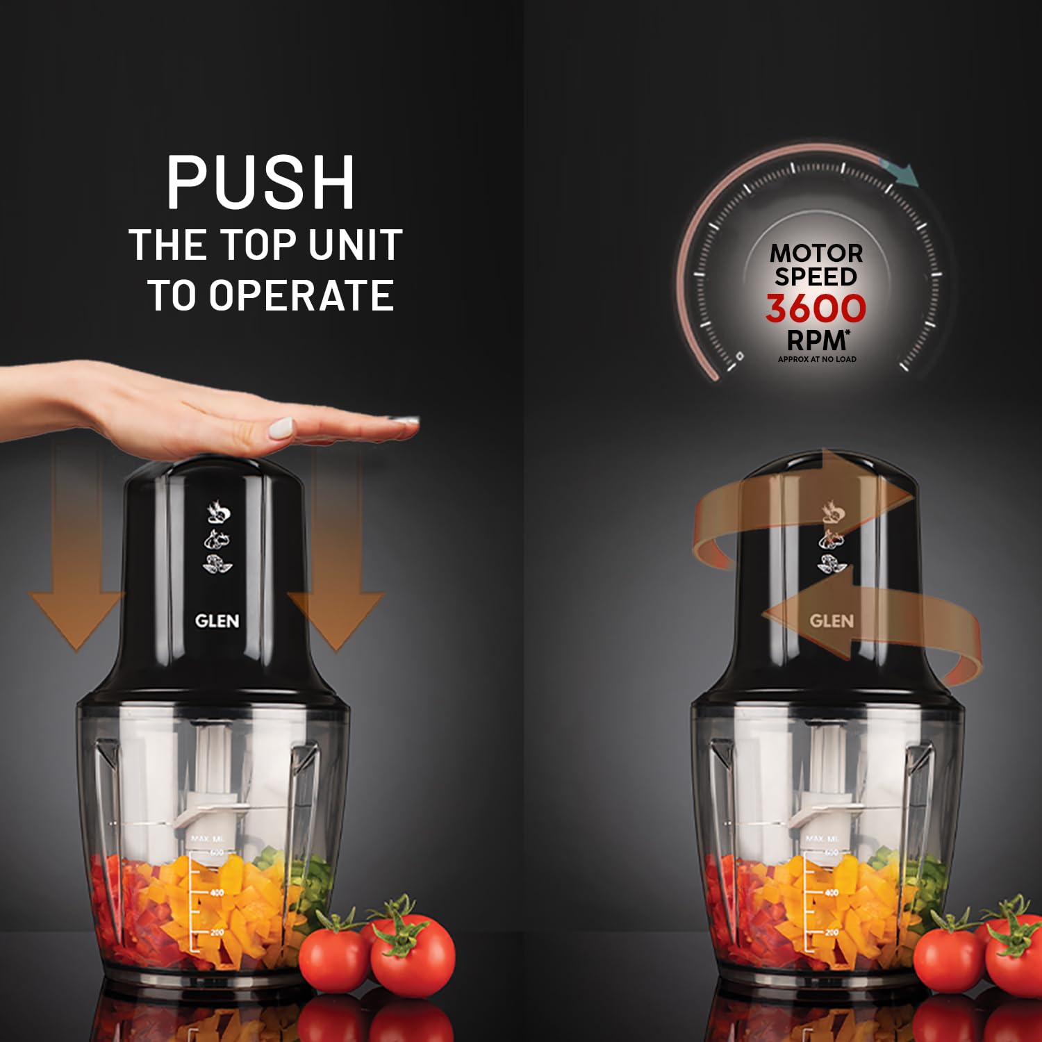 Glen SA 4042TU PLUS 300 Watts Electric Chopper for Kitchen Use, Large 600ml Bowl, Triple SS Blade Technology, Fruit & Vegetable Cutter, with Whisking Disc, Chops Onion & Nuts - Black Mahajan Electronics Online
