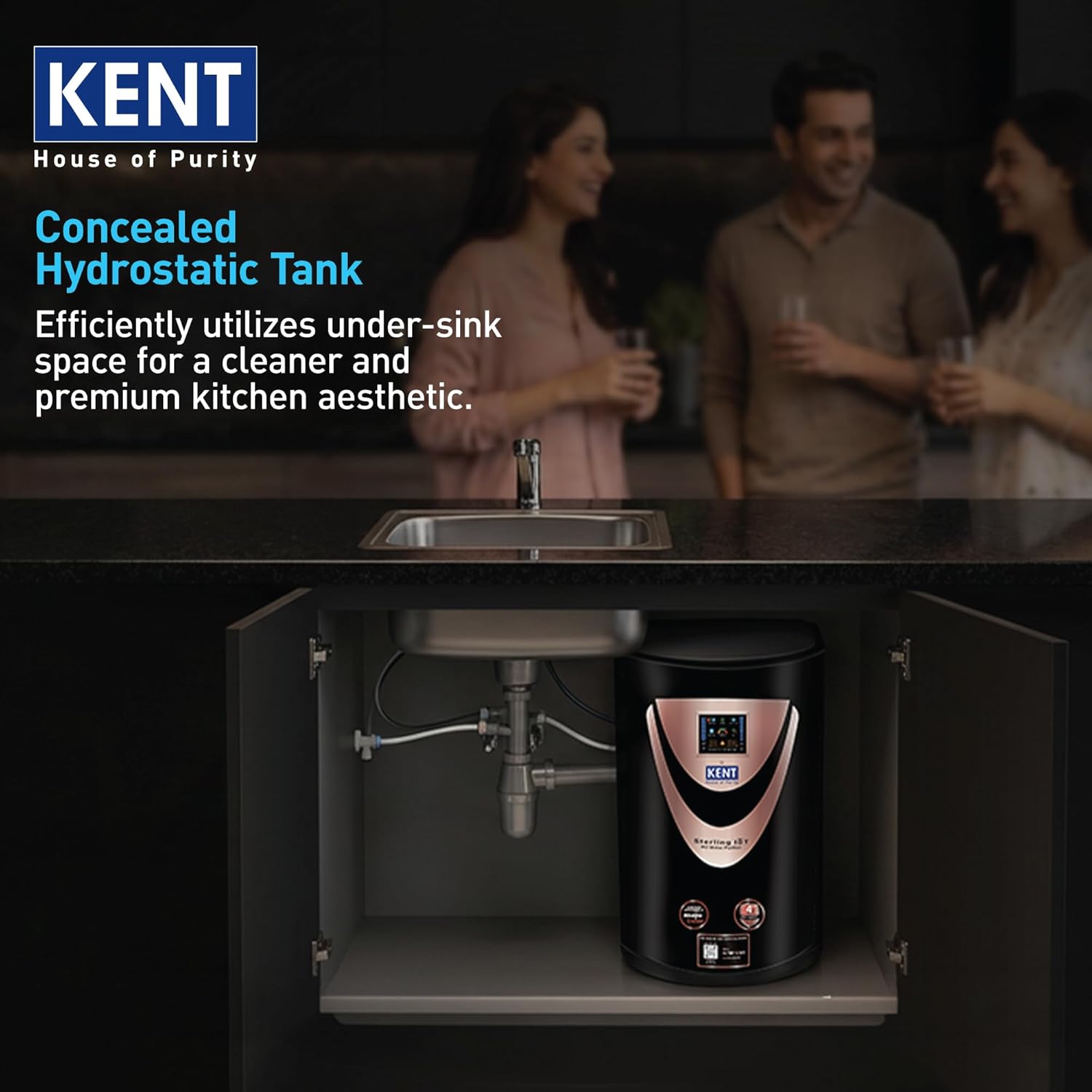 KENT Sterling IoT Under the Counter RO Water Purifier| RO+UV+UF+Alkaline+Copper+TDS Control | IoT Enabled | Fully Automatic On&OFF Operation | 6L |20 LP/Hr|Ideal For Borewell/Tanker/Municipal Water Kent