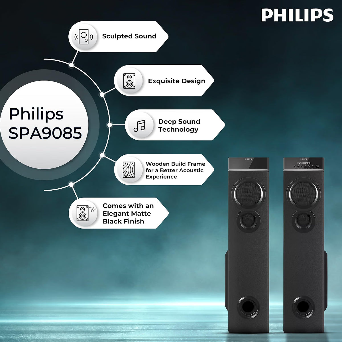 PHILIPS Audio SPA9085 2.0CH 100W Multimedia Tower Speakers with Wireless Microphone,Multi-Connectivity Option with Supporting USB, AUX, FM,Mic & Thumping Bass with Karaoke(Black) Philips
