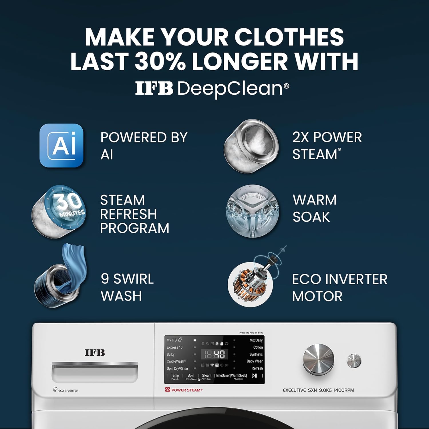 IFB EXECUTIVE SXN 9014K CMS 9 Kg 5 Star, DeepClean® Tech, AI Powered, WiFi, Fully Automatic Front Load Washing Machine ( PowerSteam®, 9 Swirl, Steam Refresh, Inbuilt Heater, Eco Inverter, Rich Silver) Mahajan Electronics Online
