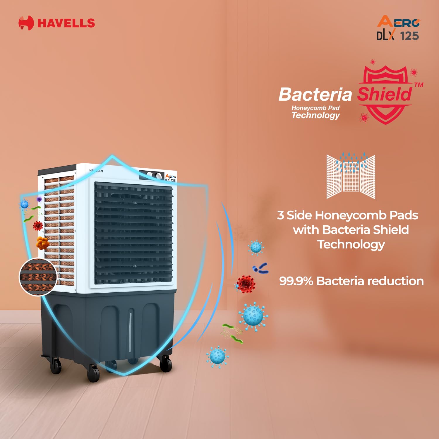 Havells Aero DLX 100 L Premium Commercial Air Cooler|Powerful Air-Delivery| 3 Side Honeycomb Pads with Bacteria Shield Technology|Fully Collapsible Louvers|Auto fill function|Double Ball bearing Motor Mahajan Electronics Online