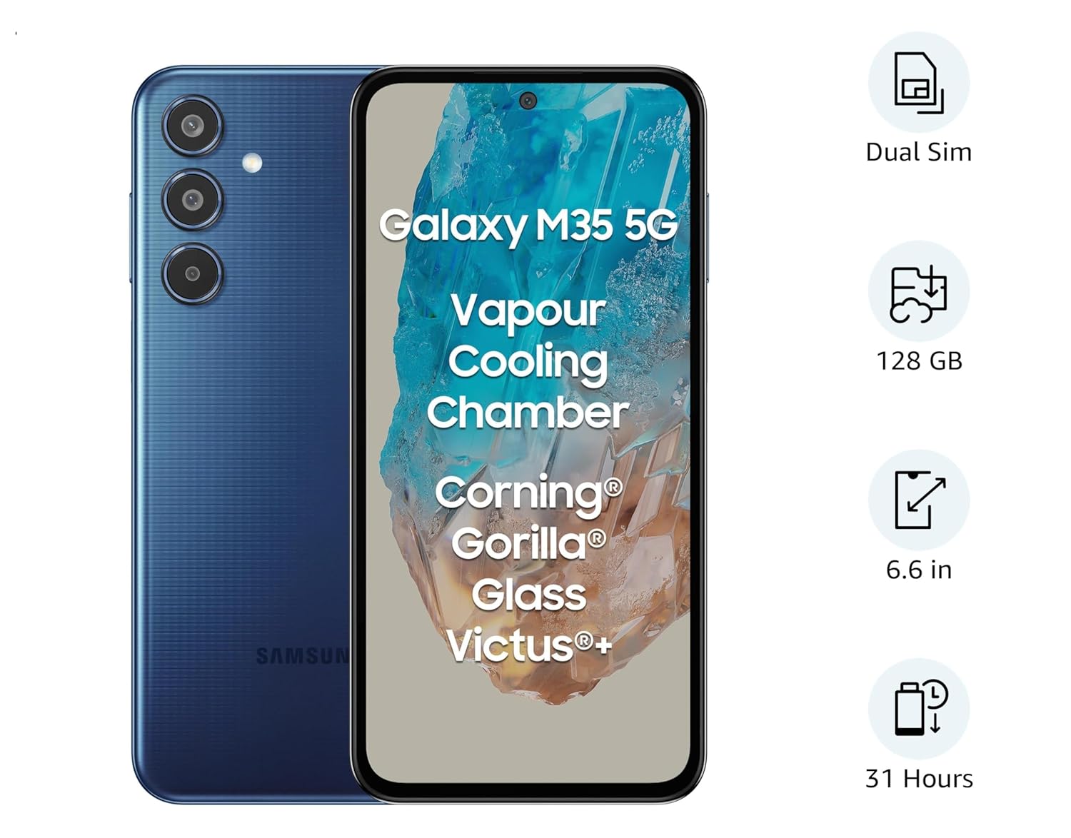 Samsung Galaxy M35 5G (Moonlight Blue,6GB RAM,128GB Storage)| Corning Gorilla Glass Victus+| AnTuTu Score 595K+ | Vapour Cooling Chamber | 6000mAh Battery | 120Hz Super AMOLED Display| Without Charger Mahajan Mahajan Electronics Online