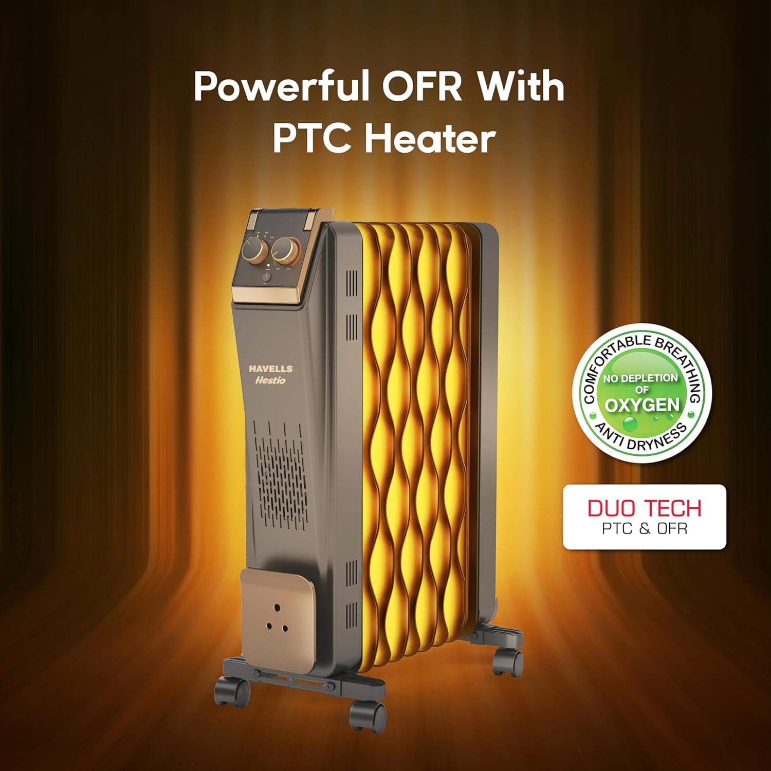 Havells GHROFCJK240 9 Fin Hestio Wave Fin OFR (Oil Filled Radiator)|Room Heater|2400 W|3 Heat Settings & PTC Fan Heater|Inclined Control Panel|Retractable Wheels| Comfortable Breathing|360° Heating (Black) Mahajan Electronics Online