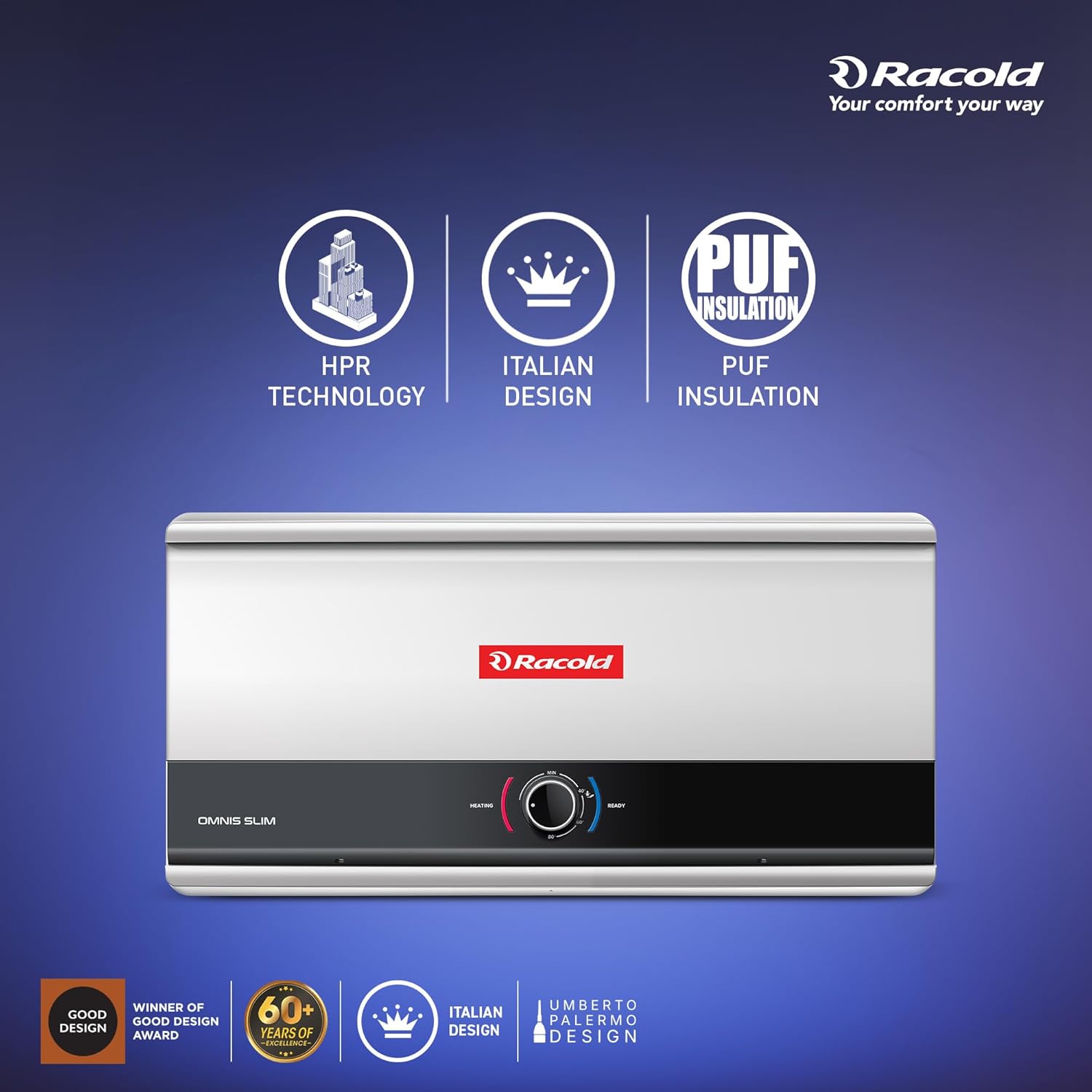 Racold Omnis Slim 25L Horizontal Energy Efficient Storage Water Heater (Geyser) With Free Standard Installation & Pipes |Italian Design| Shower Ready Indicator | Suitable For High Rise Buildings New Racold