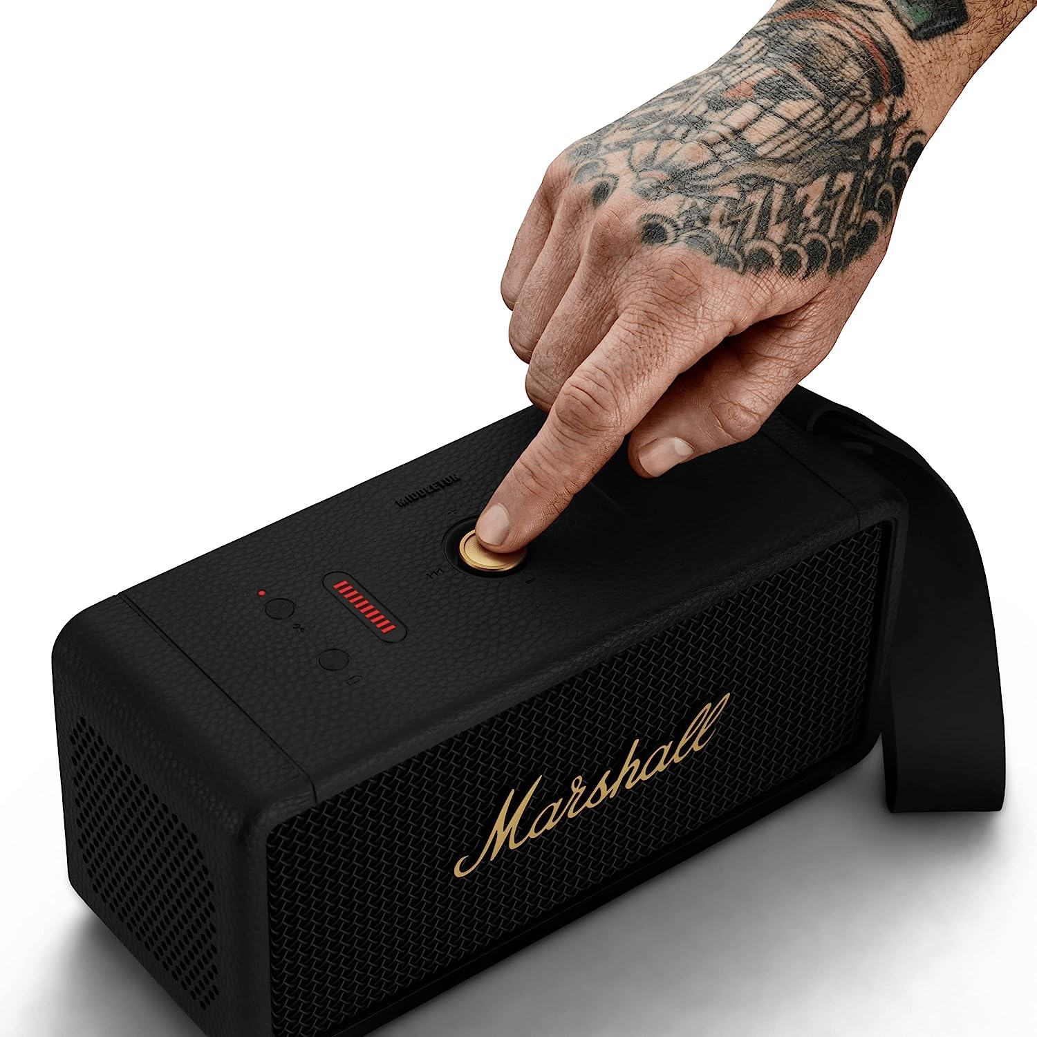 Marshall Middleton Portable Bluetooth Speaker, Black and Brass - Mahajan Electronics Online