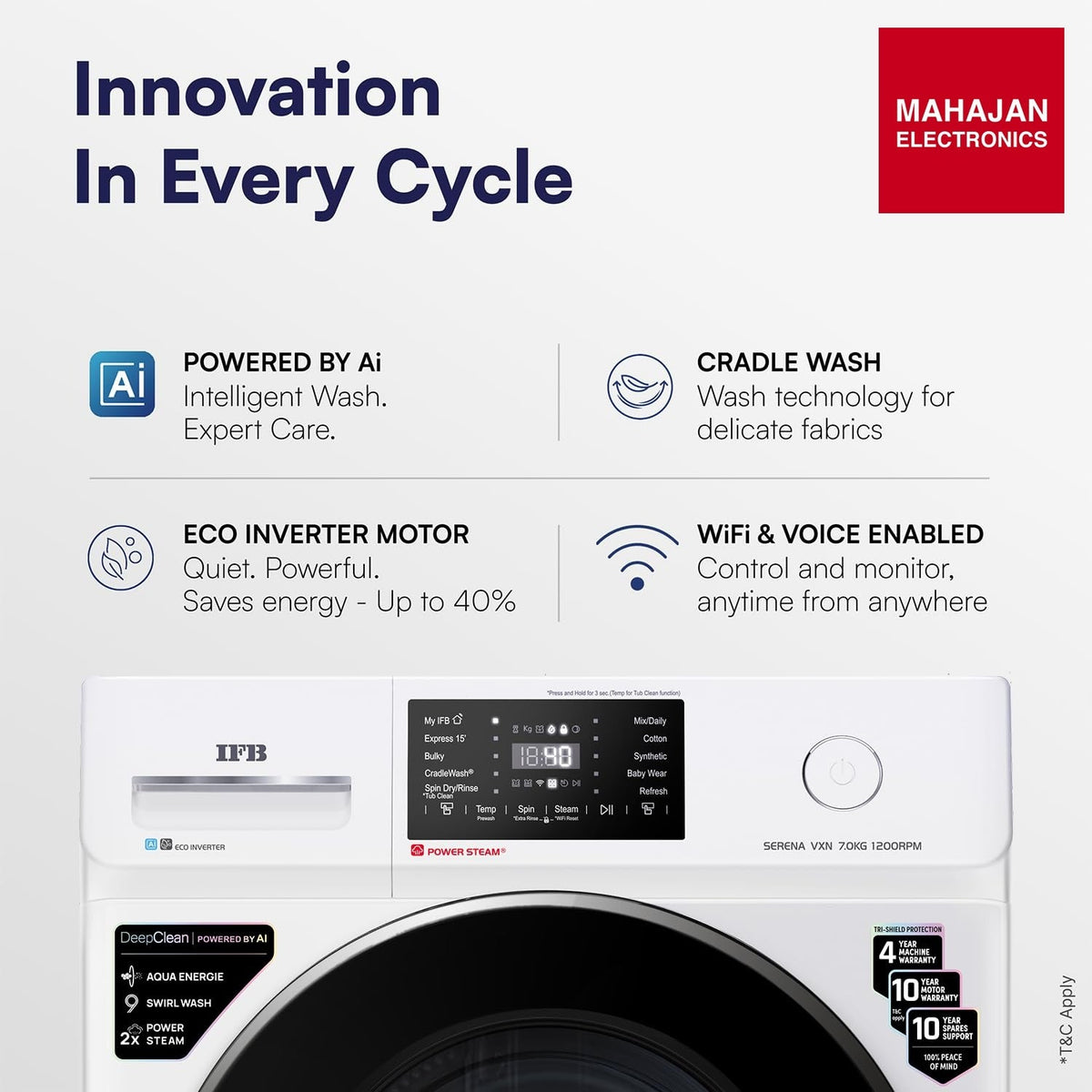 IFB SERENA VXN 7012 CMS 7 Kg 5 Star, 9 Swirl Wash, Steam Refresh, Eco Inverter Motor, WiFi Enabled, DeepClean® Ai Powered Fully Automatic Front Load Washing Machine( 2X Power Steam®,Inbuilt Heater,White) IFB