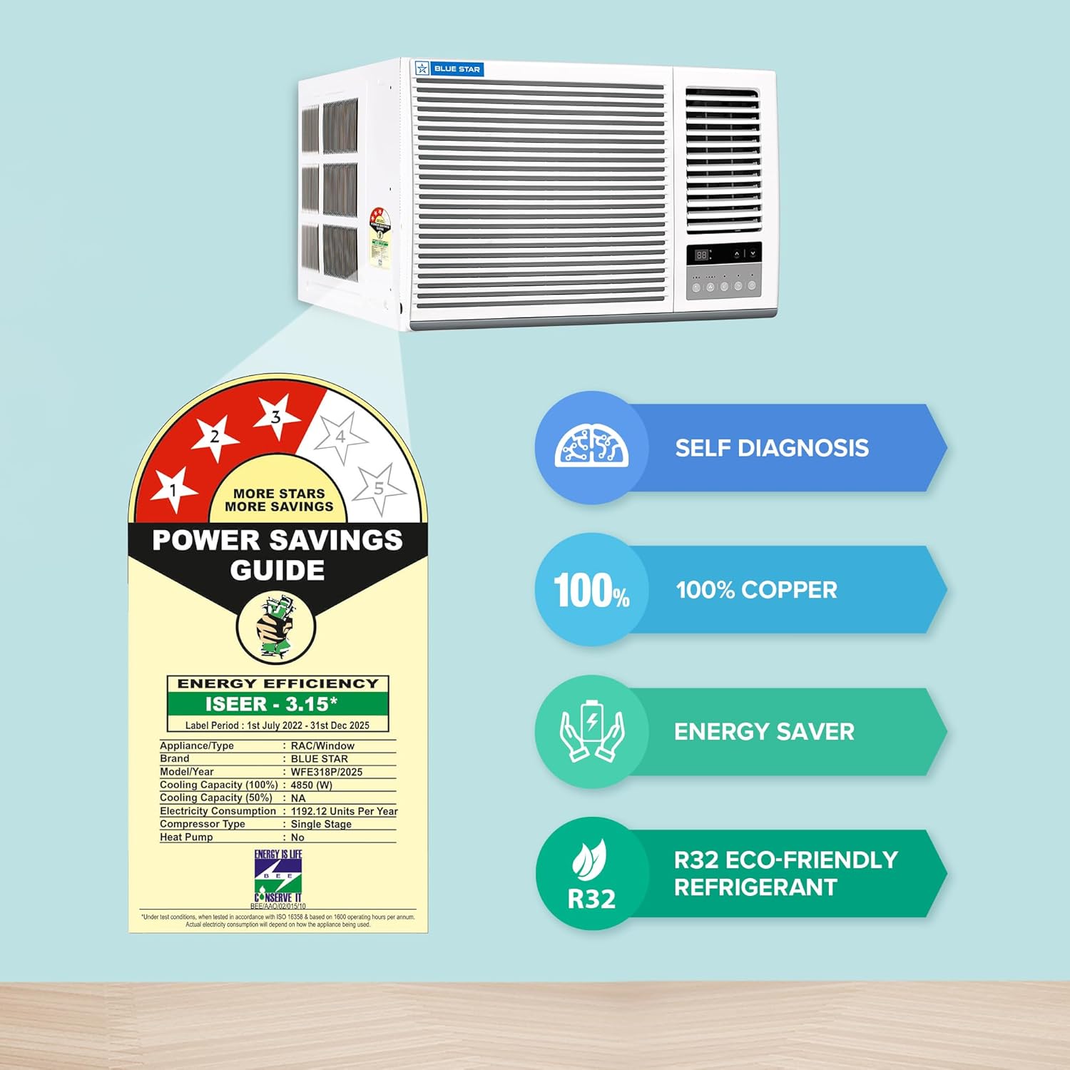 Blue Star WFE318P 1.5 Ton 3 Star Fixed Speed Window AC (Copper, Turbo Cool, Fan Modes-Auto/High/Medium/Low, Hydrophilic Blue Fins, Dust Filters, Self-Diagnosis, White)