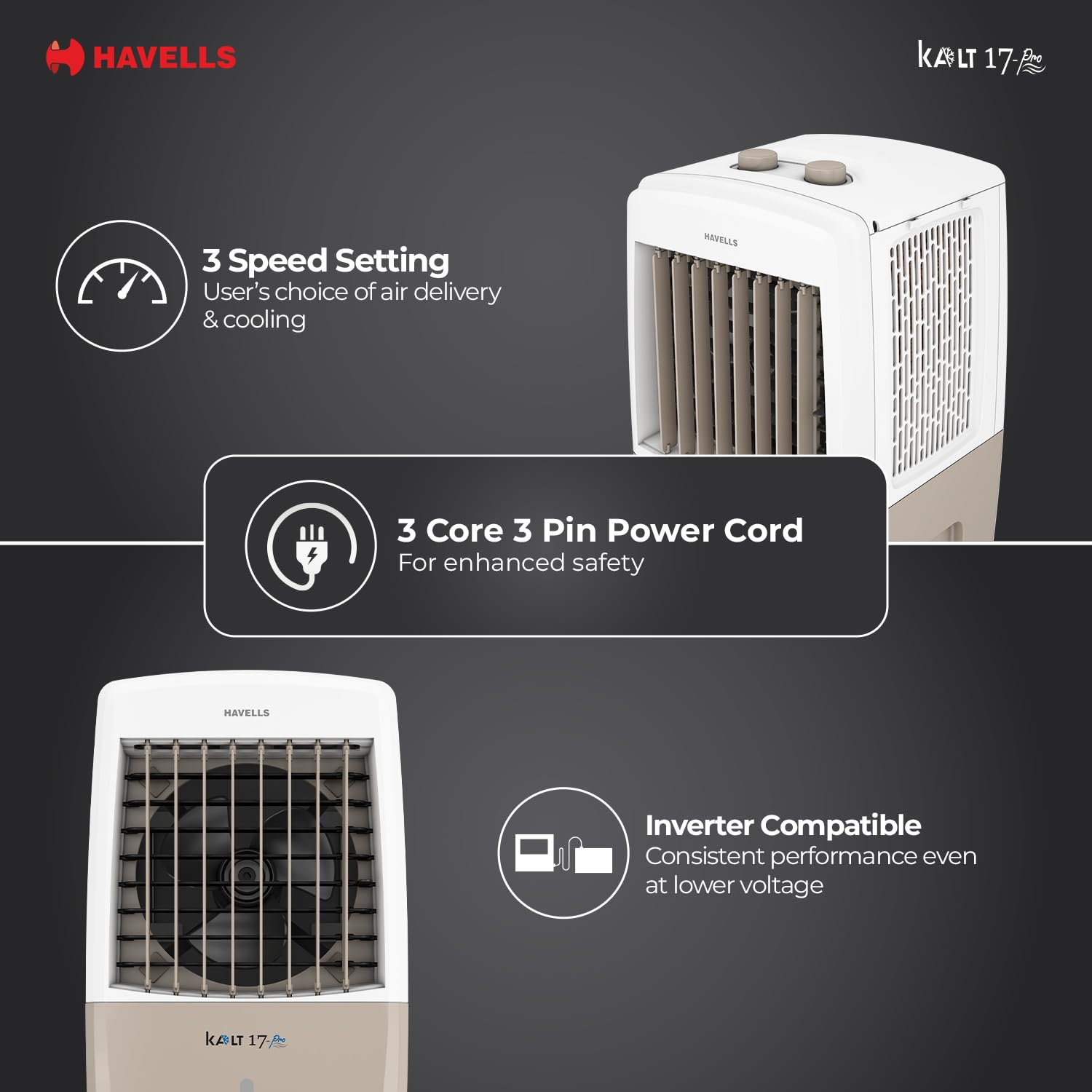 Havells Kalt Pro 17 L Personal Air Cooler for Room|With Fan & 3 Side Bacteria Shield Honeycomb Pads|Aerodynamically Designed Blades|Sleek & stunning design |Front Wheel with Brakes|Inverter Compatible Mahajan Electronics Online
