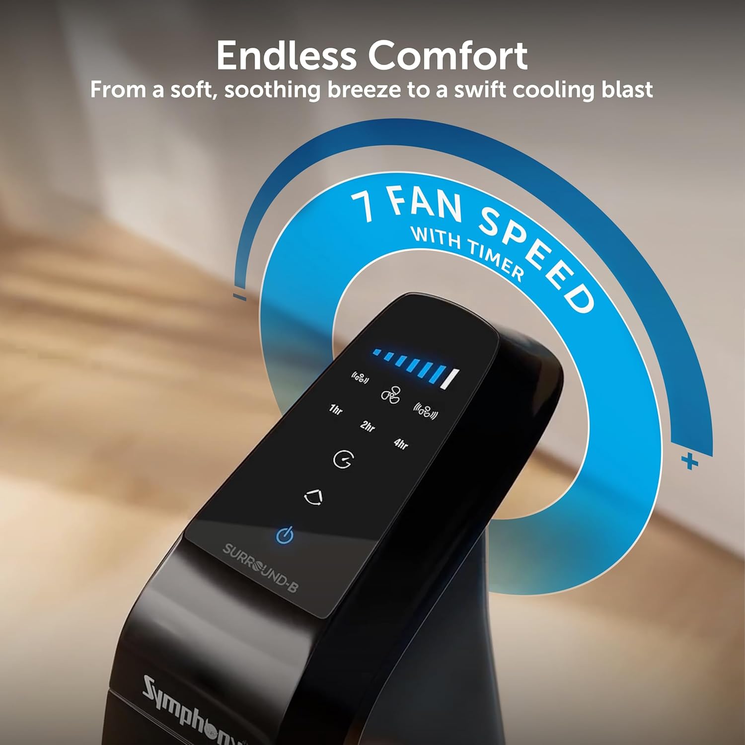 Symphony Surround B BLDC Bladeless Tower Fan For Room | Quiet & Energy-Saving with Remote Control | Touchscreen Control Panel | Low Power Consumption | 1 Year Warranty | Black Mahajan Electronics Online