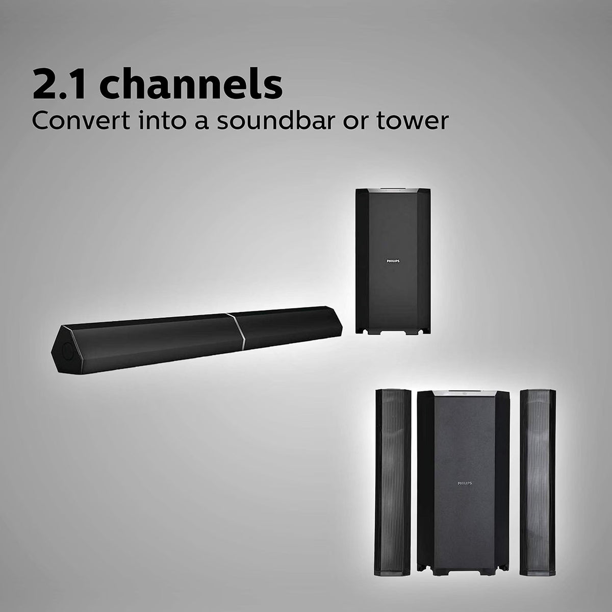 PHILIPS Convertible Soundbar MMS8085B, 2.1 Channelannel with Multipoint-Connectivity Option, USB in, Bluetooth Connectivity 80 Watt, Superior Sound, RiChannel bass (Black) Philips