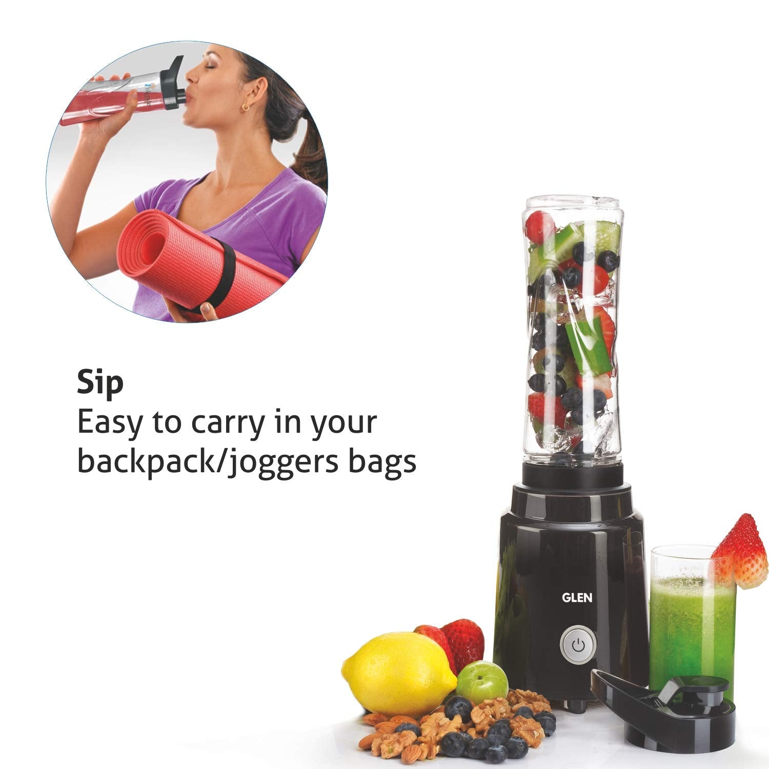 Glen SA 4047 BL Electric Personal Blender 200W 0.6 Litres BPA free Bottle with carry handle - Black , 2 Years Warranty Mahajan Electronics Online