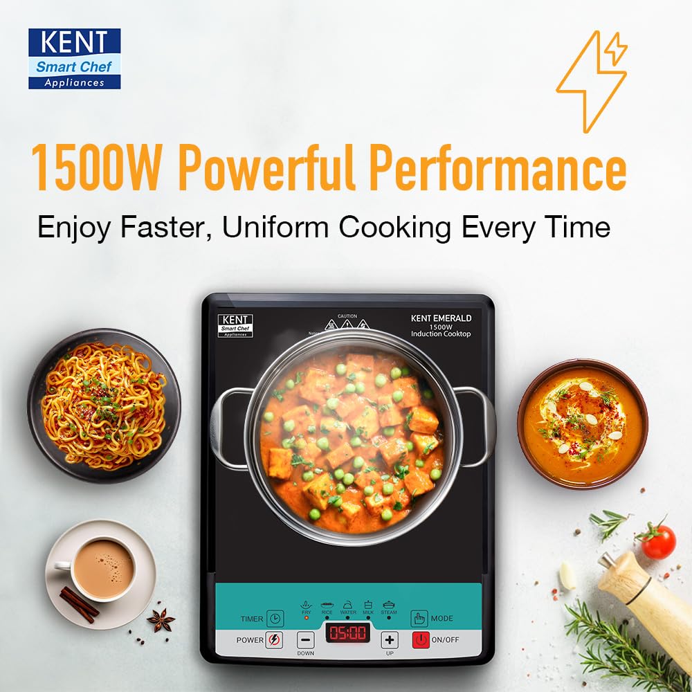 KENT Emerald Induction Cooktop 1500W|Faster Cooking With 5 Preset Options|Full Microcrystalline Glass|Adjustable Temperature Function|Overheat Protection|Safe Cooking And Easy Cleaning,Black Mahajan Electronics Online